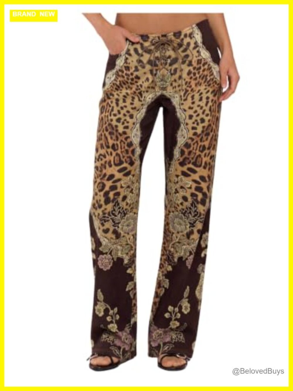 Leopard Print Denim Jeans Lace Up Low Rise Straight Leg